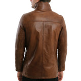 Men’s Cognac Brown Leather Jacket with Stand Collar