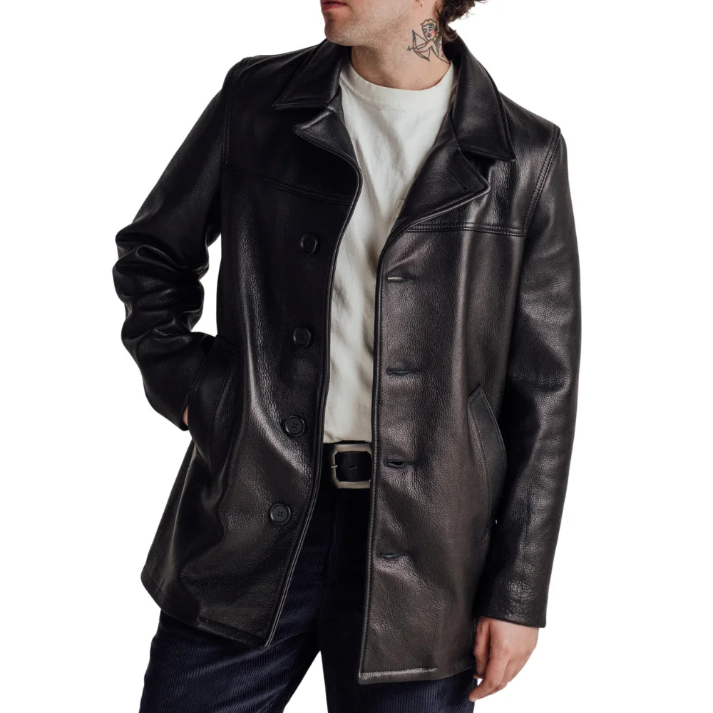 Men's Black Pebbled Cowhide Leather Car Coat