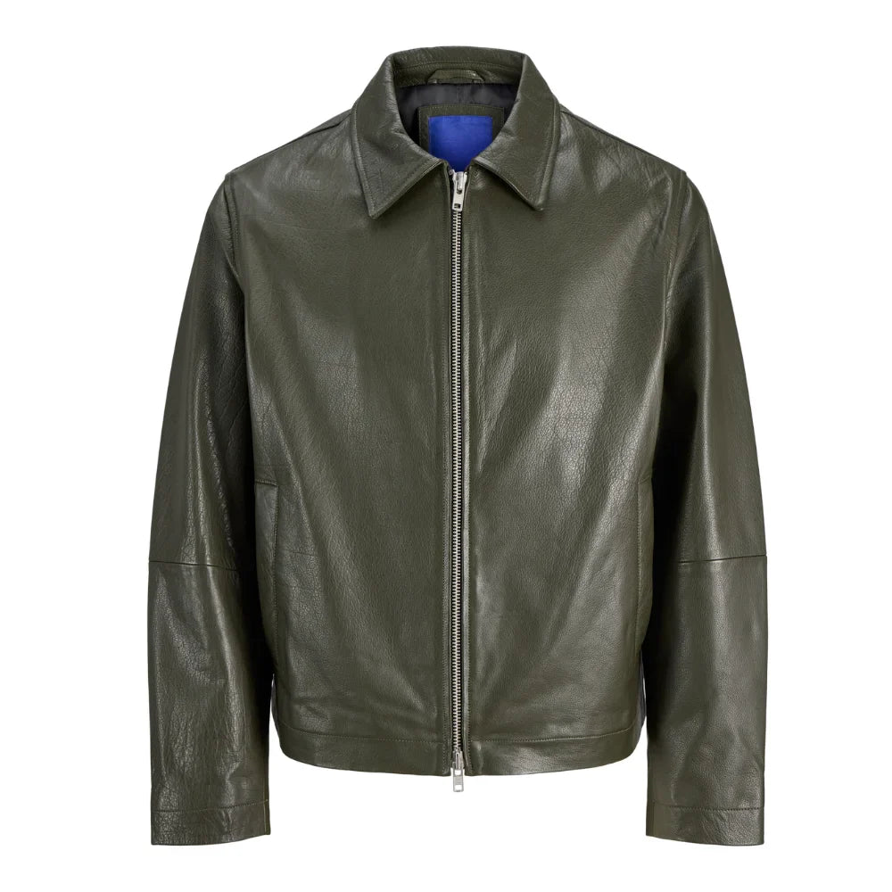 Men's Shirt Collar Olive Green Leather Jacket