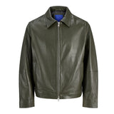 Men's Shirt Collar Olive Green Leather Jacket