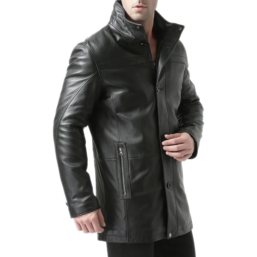 Men's Black Real Lambskin Leather Car Coat — 3/4 Length