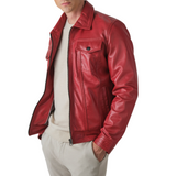 Mens Red Vintage Real Leather Trucker Jacket Mens