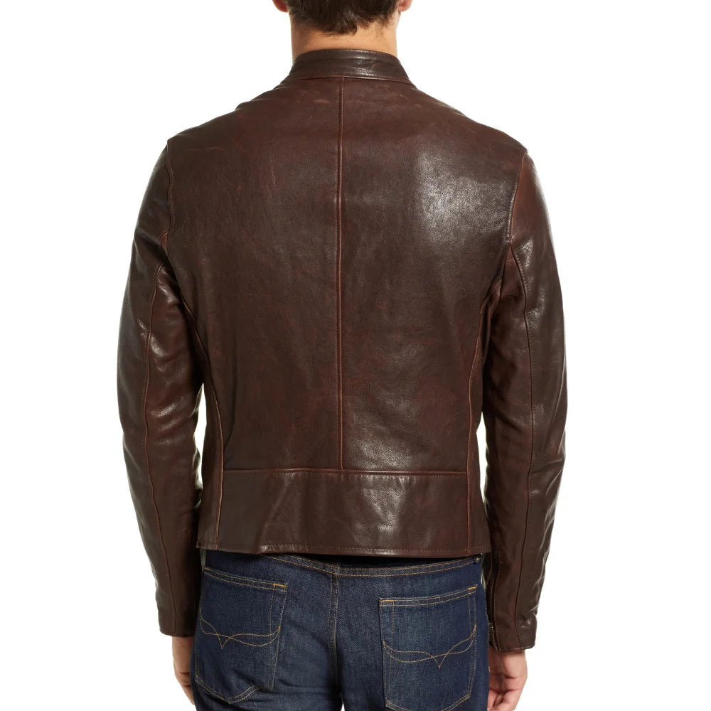 Men's Real Chocolate Brown Cafe Racer Leather Jacket
