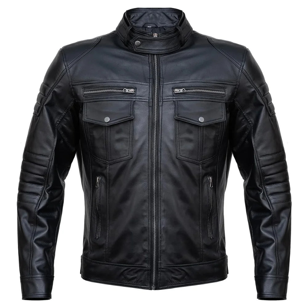 Mens Slim Fit Double Pockets Real Black Leather Biker Jacket