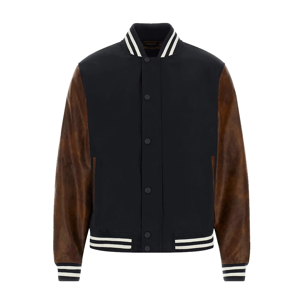 Mens Wool Navy Blue Varsity Jacket with Leather Sleeves