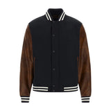Mens Wool Navy Blue Varsity Jacket with Leather Sleeves