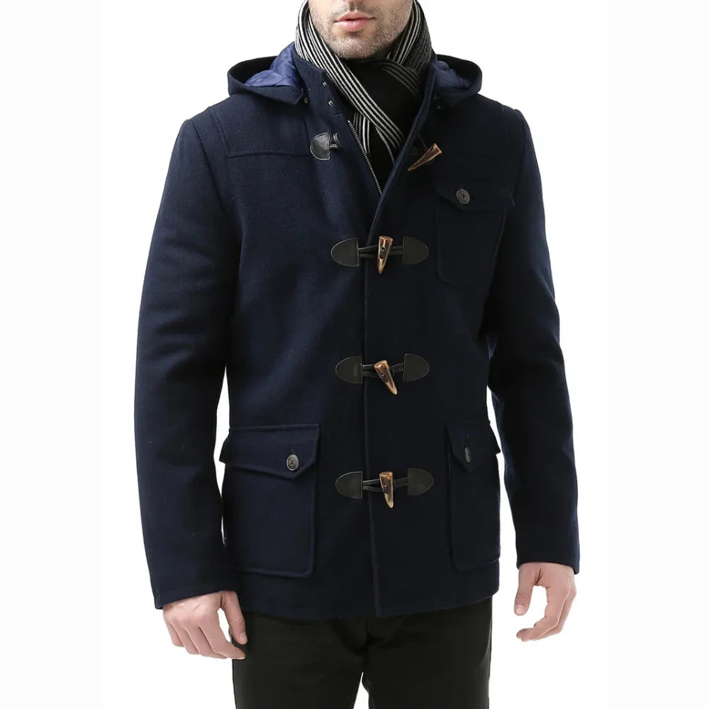 Men’s Navy Blue Wool Blue Hooded Duffle Coat