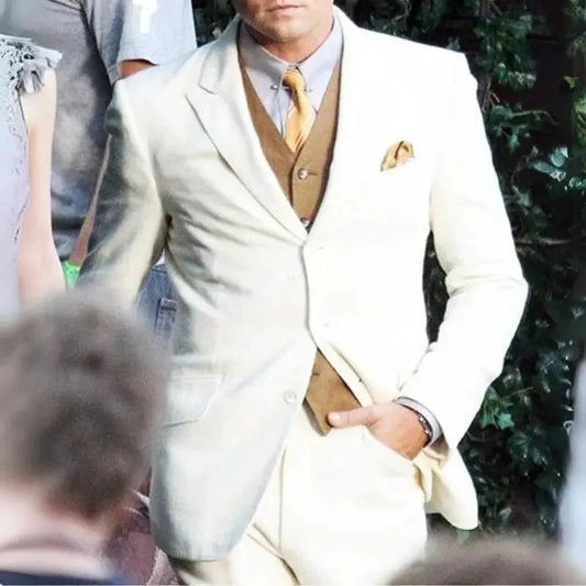 Men’s off white 3 piece wedding suit with brown vest