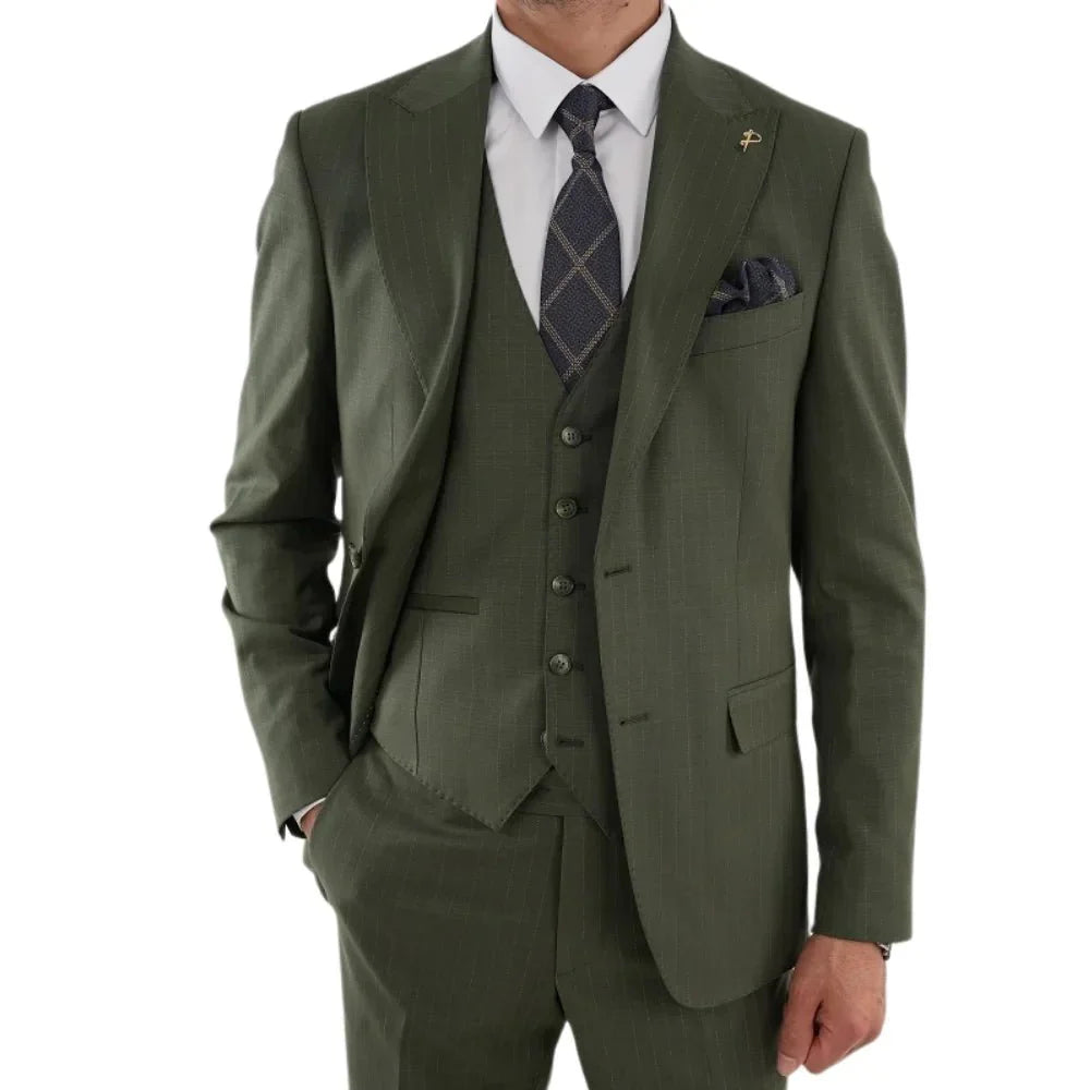 Men’s olive green peak lapel wedding suit shown from the front