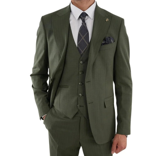 Men’s olive green peak lapel wedding suit shown from the front