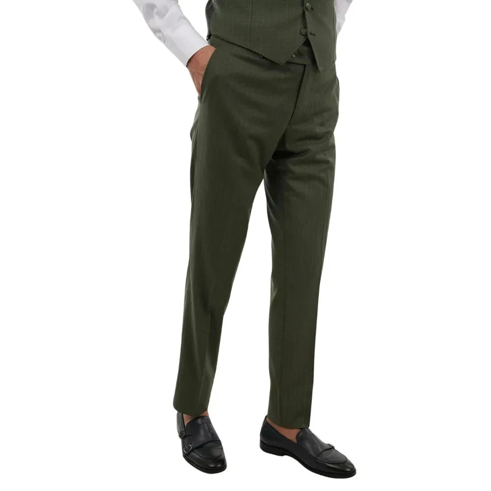 Men’s olive green straight-fit suit trousers with side pockets