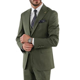 Men’s olive green striped 3 piece suit with peak lapel and matching vest