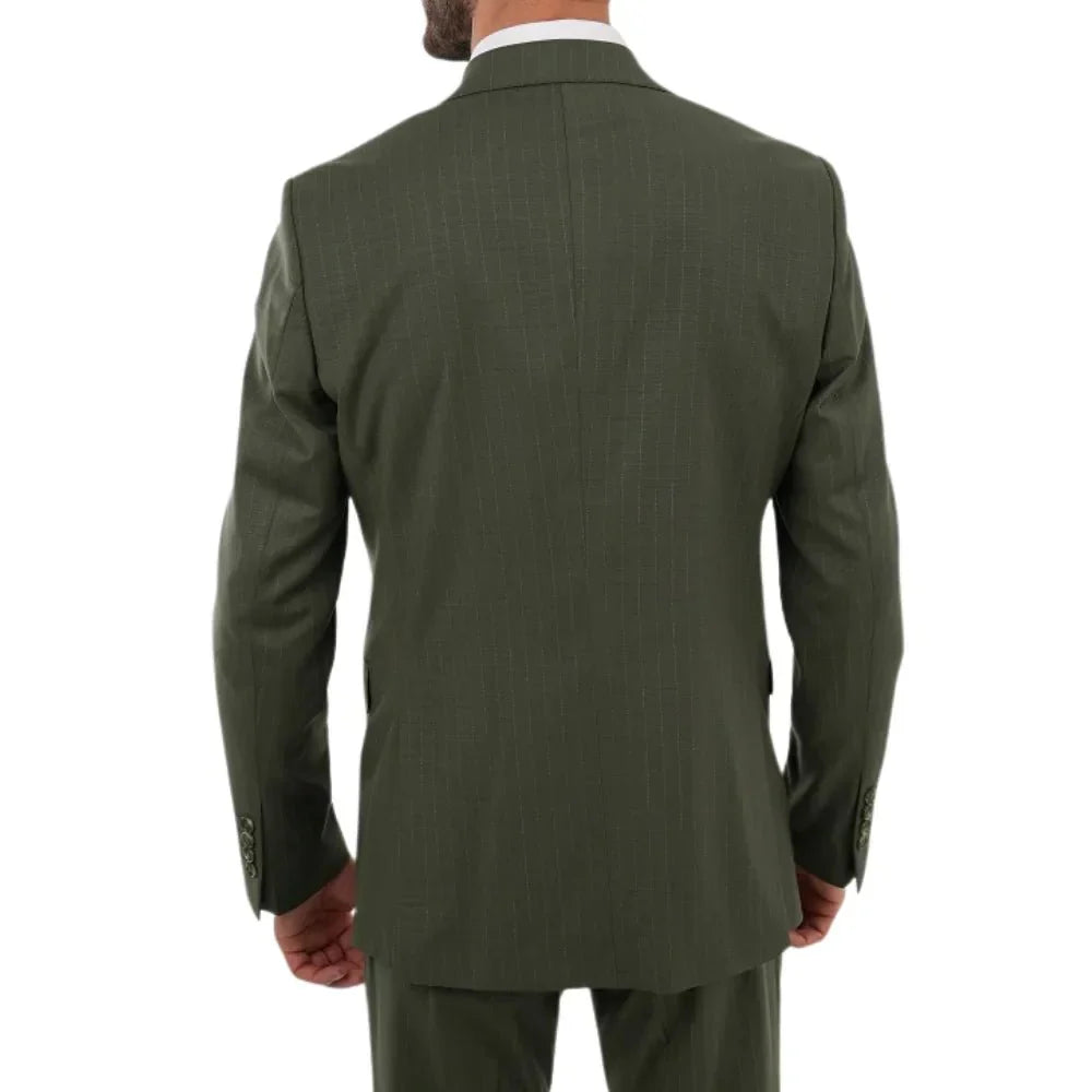 Men’s olive green striped peak lapel suit shown from the back