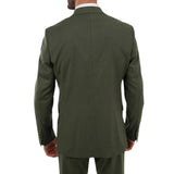 Men’s olive green striped peak lapel suit shown from the back