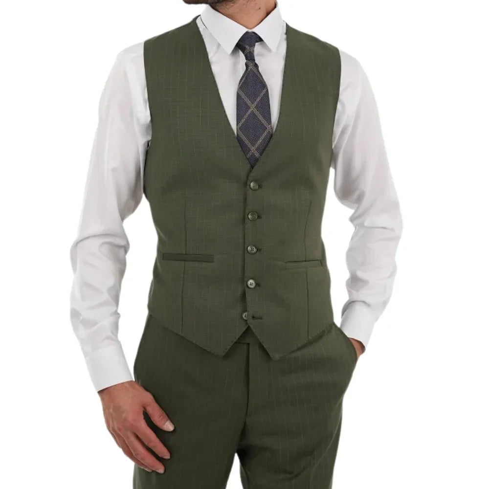 Men’s olive green striped suit vest with matching trousers