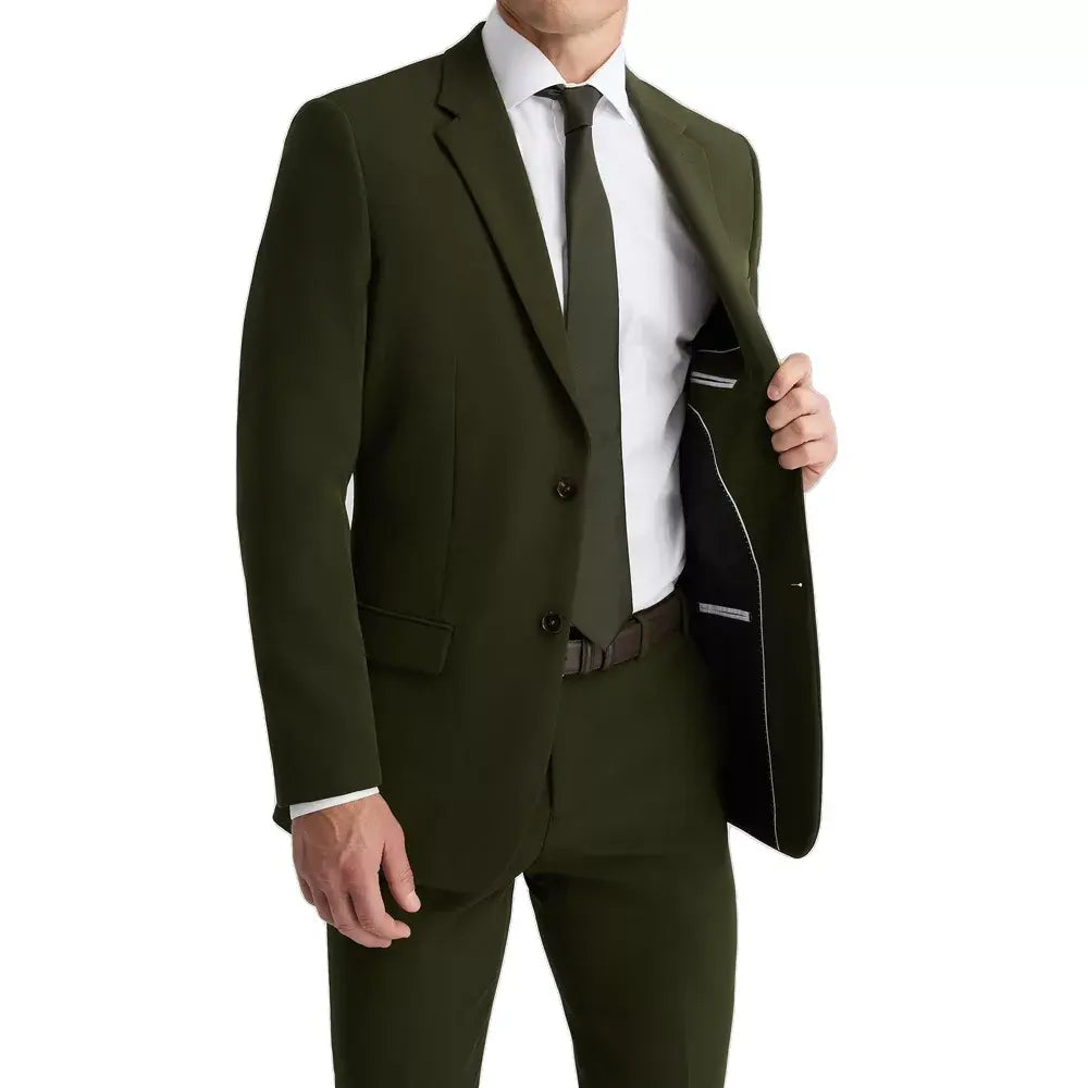 Side view of men’s olive green three-piece suit