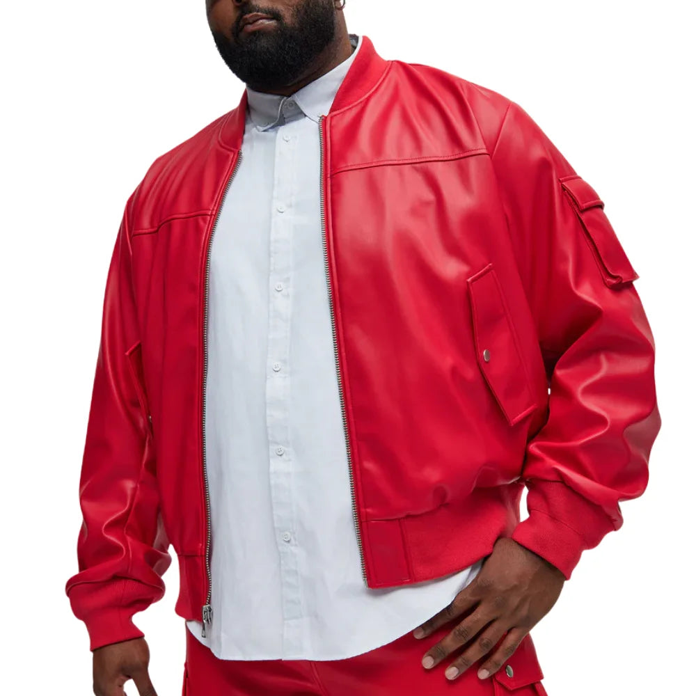 Men's Oversized Red Leather Bomber Jacket