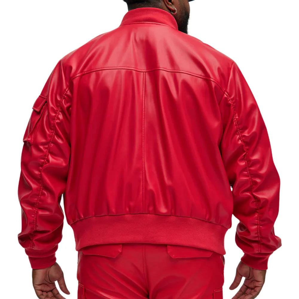 Men's Oversized Red Leather Bomber Jacket