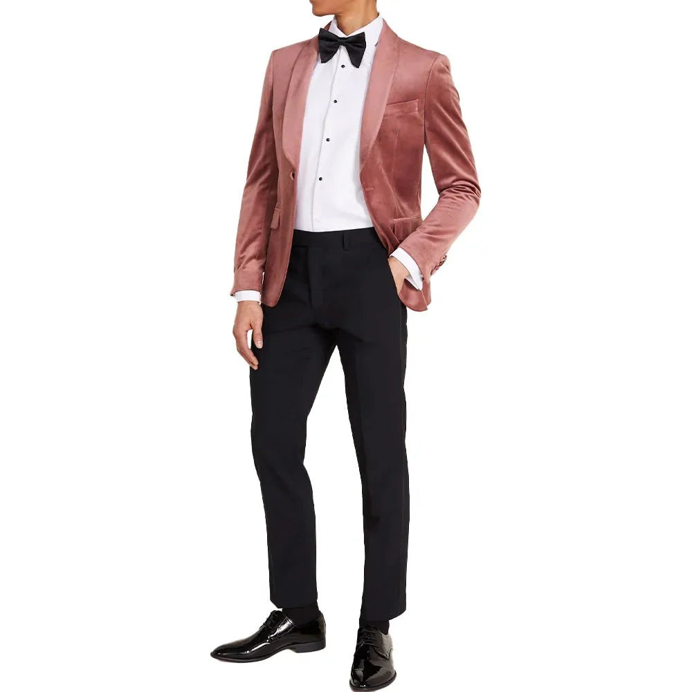 Men’s pink velvet prom tuxedo suit with shawl lapel and black pants