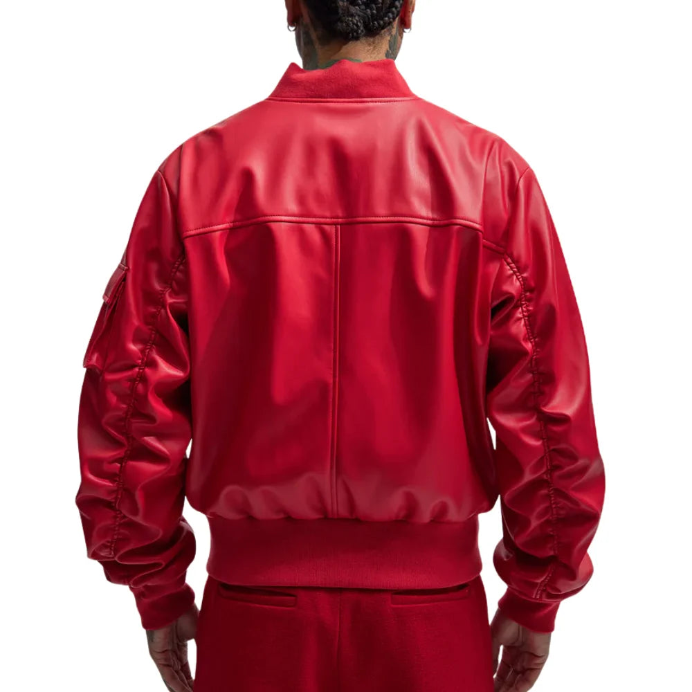 Men's Oversized Red Leather Bomber Jacket