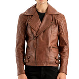 Men’s Brown Quilted Biker Leather Jacket with Double Buckle Waist