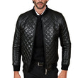 Men's Black Leather Bomber Diamond Quilted Jacket