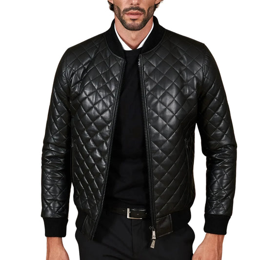 Men's Black Leather Bomber Diamond Quilted Jacket