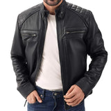 Men's Black Real Lambskin Leather Cafe Racer Jacket — Diamond Pattern Shoulders