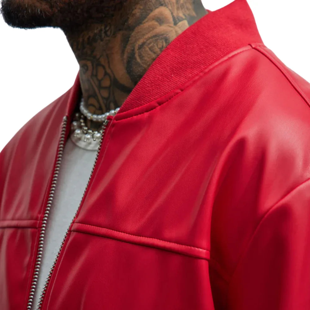 Men's Oversized Red Leather Bomber Jacket