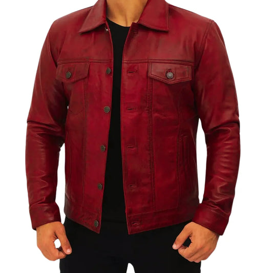 Mens Red Vintage Real Leather Trucker Jacket Mens