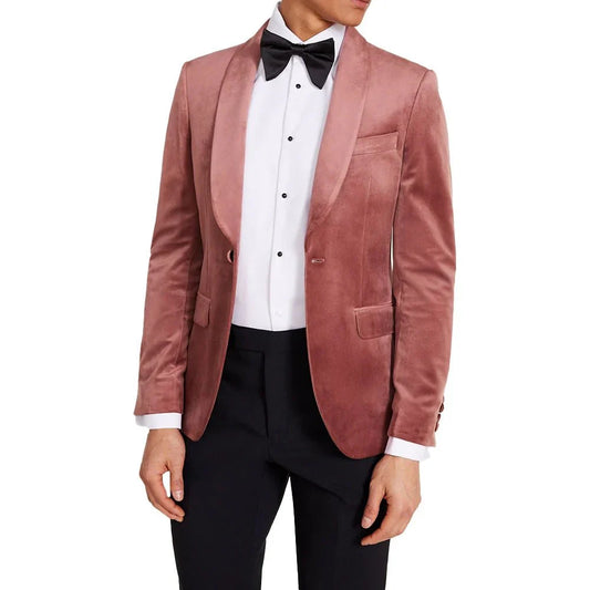 Men’s rose pink velvet tuxedo suit with slim-fit black pants, front view