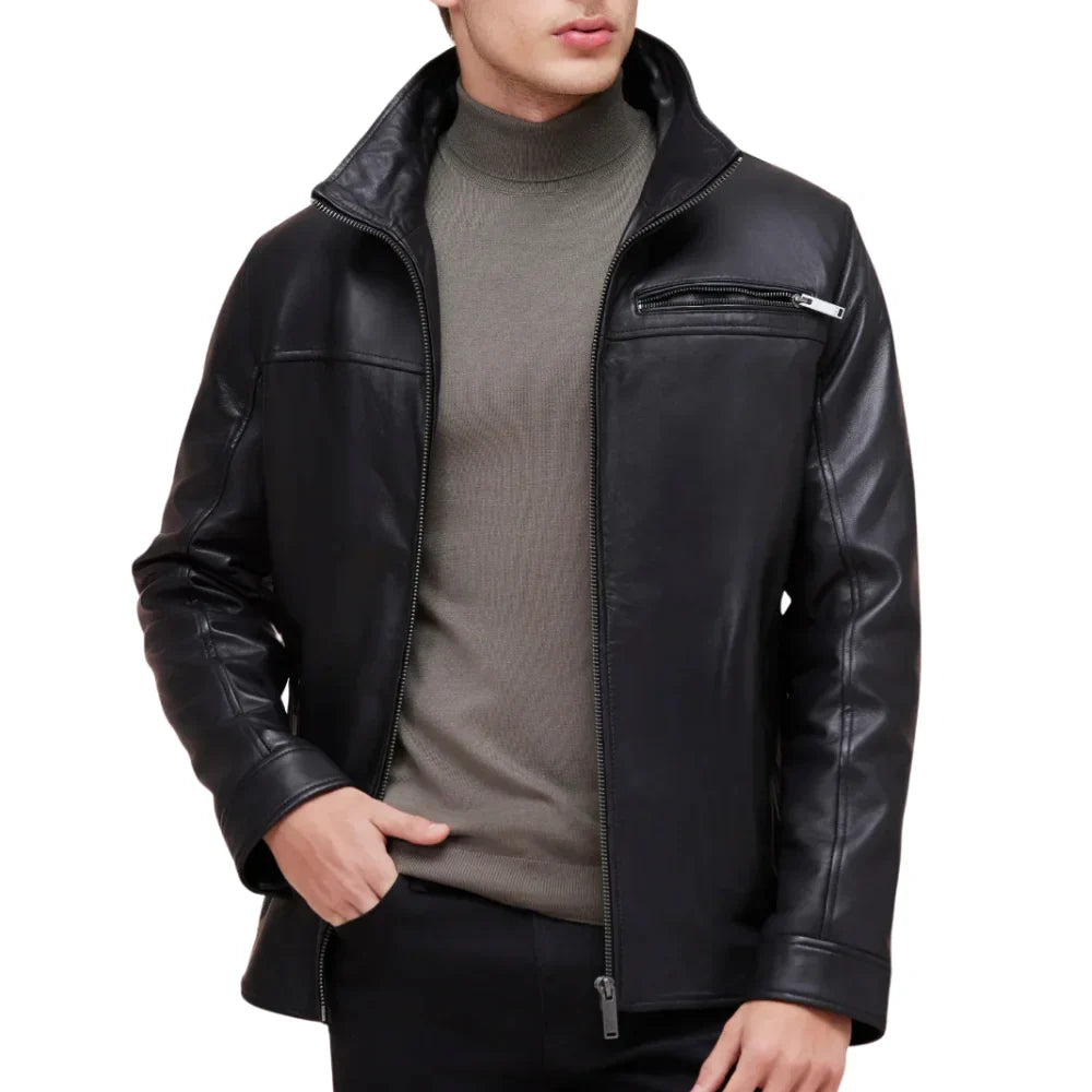 Men’s Black Genuine Lamb Leather Jacket with Detachable Vest