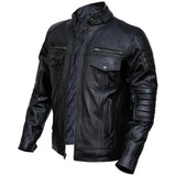 Mens Slim Fit Double Pockets Real Black Leather Biker Jacket
