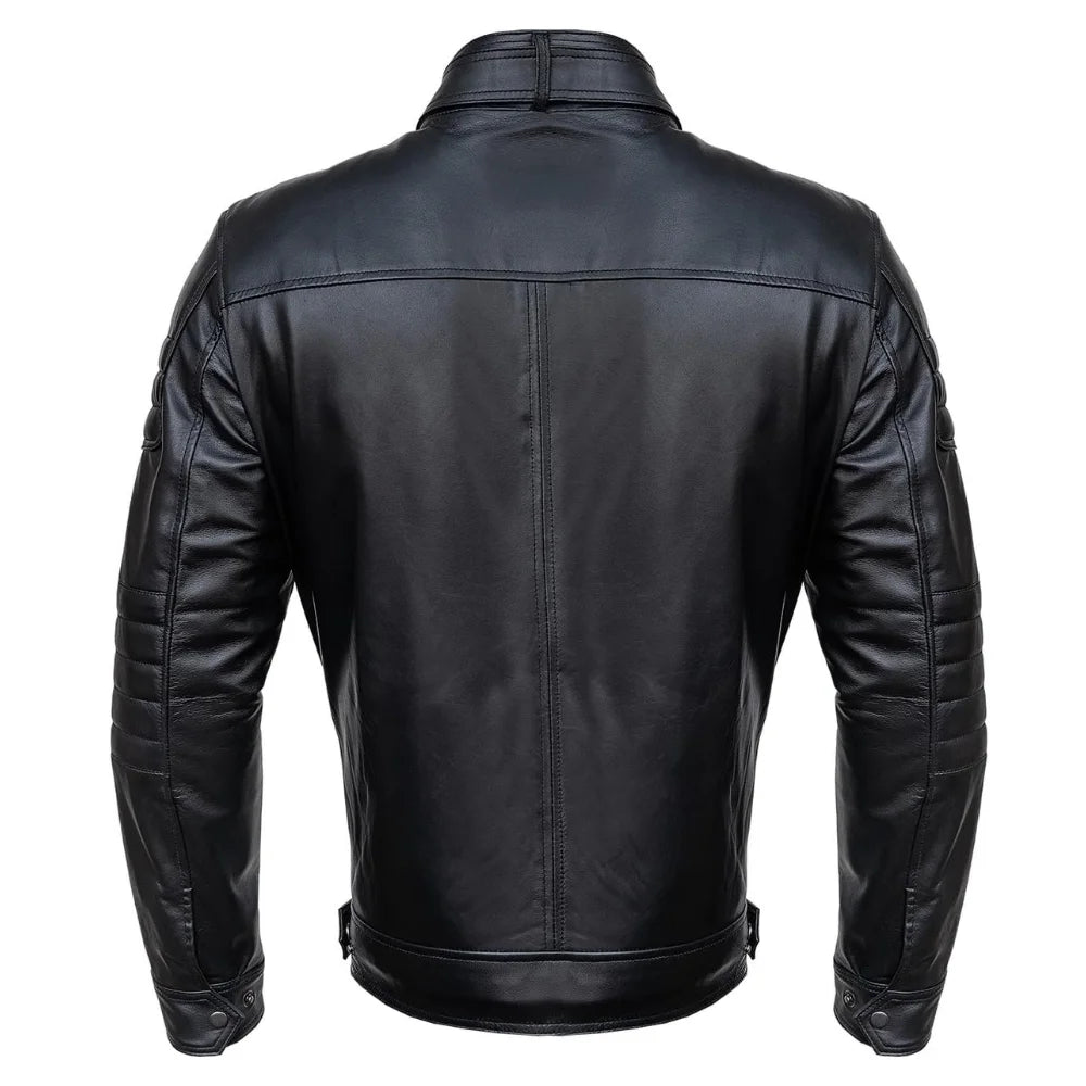 Mens Slim Fit Double Pockets Real Black Leather Biker Jacket