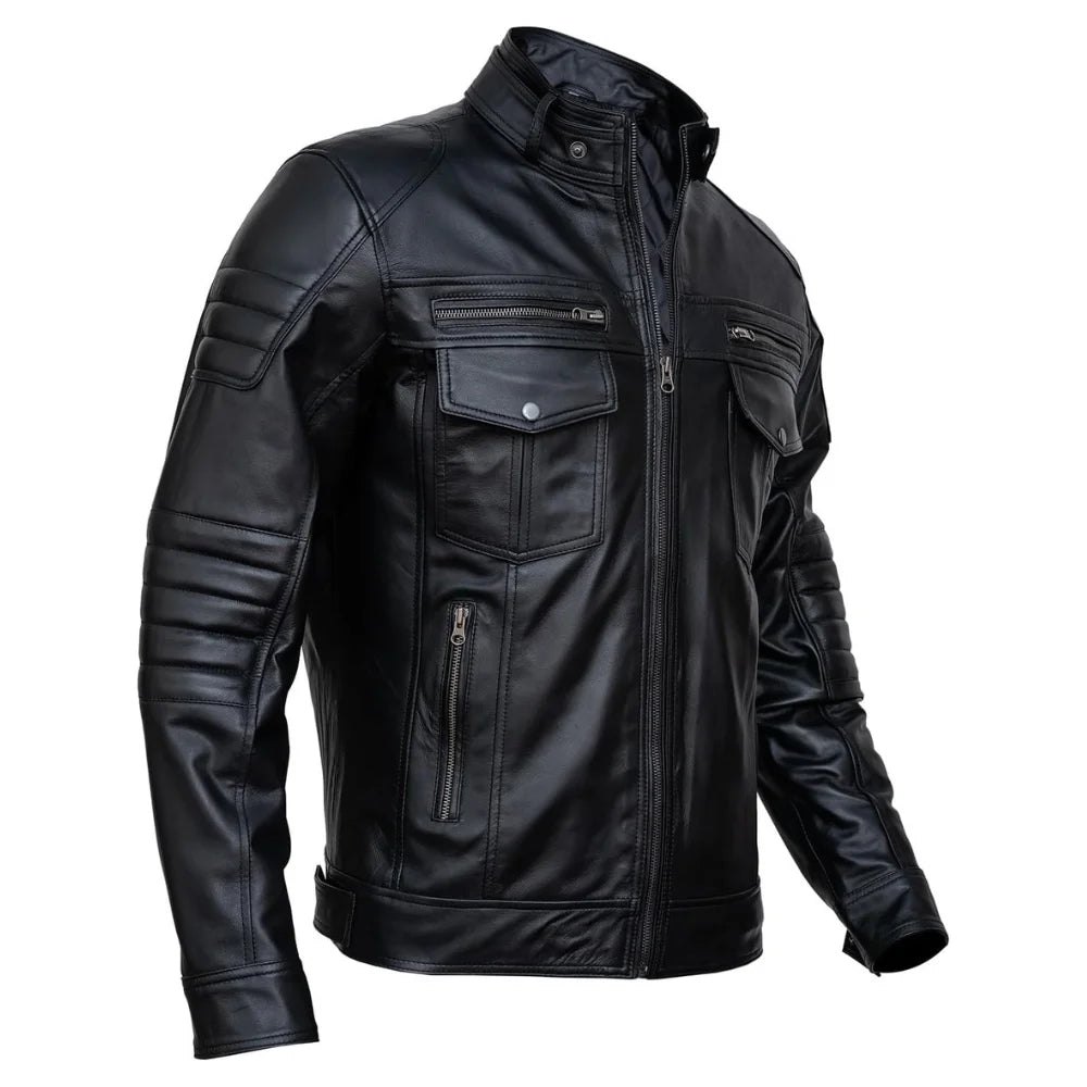 Mens Slim Fit Double Pockets Real Black Leather Biker Jacket