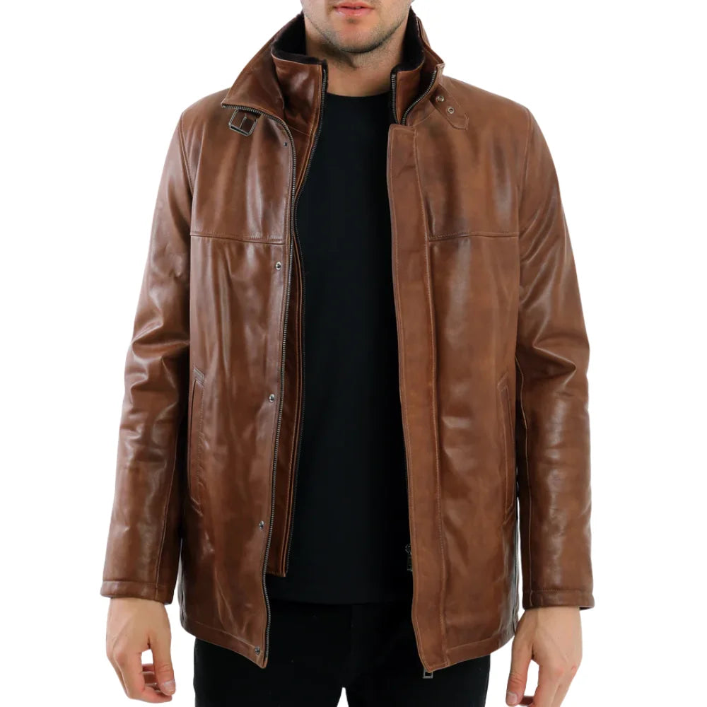 Men’s Cognac Brown Leather Jacket with Stand Collar