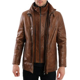Men’s Cognac Brown Leather Jacket with Stand Collar