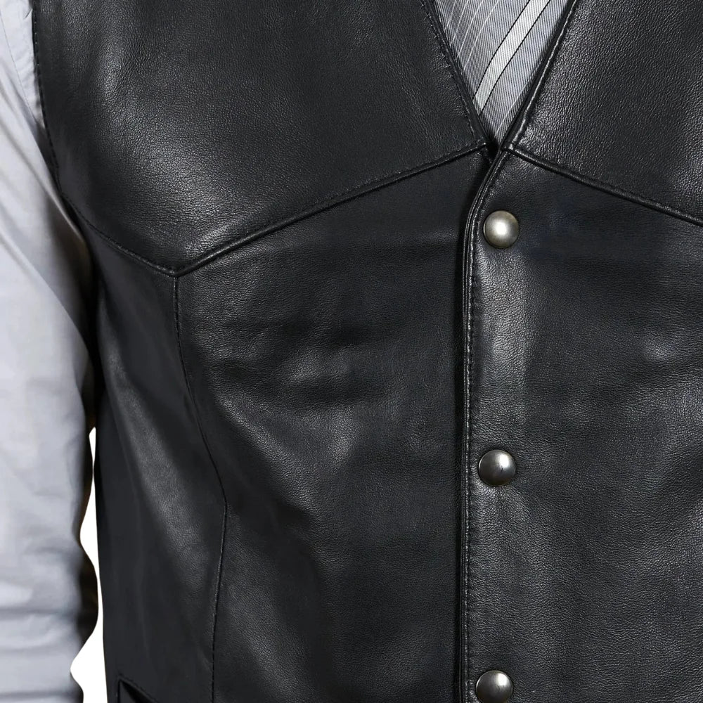 Men’s tailored black leather waistcoat with pointed hem