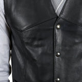 Men’s tailored black leather waistcoat with pointed hem