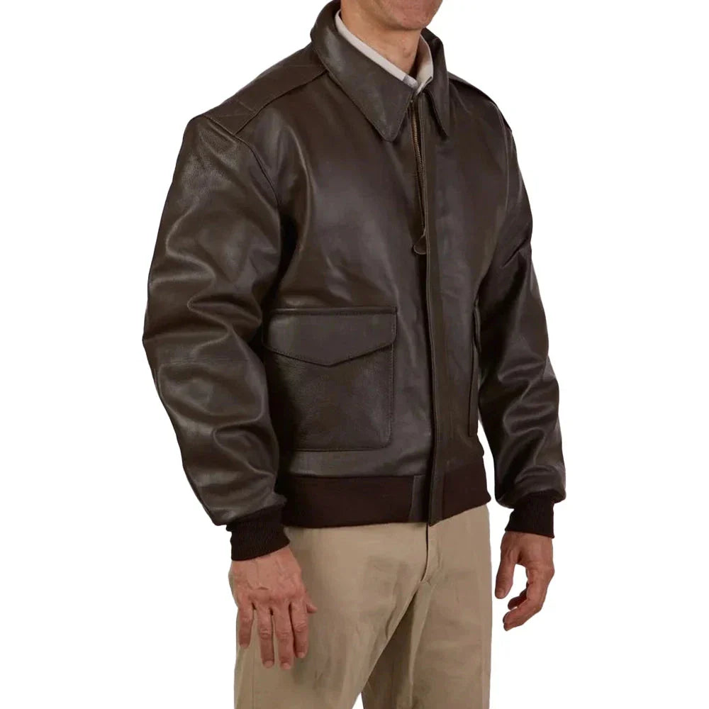 Pointed collar on men’s tall A2 bomber jacket