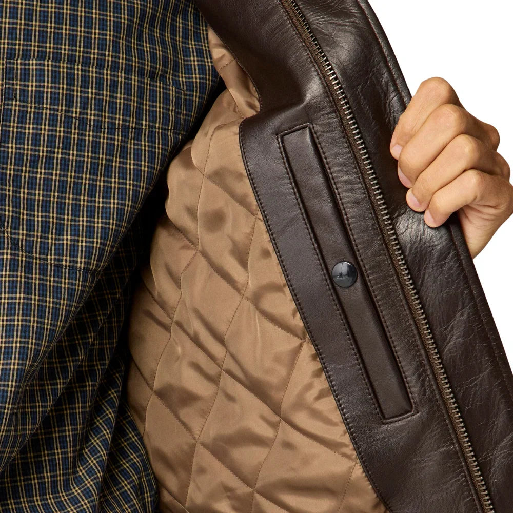 Pointed collar on men’s tall brown A2 jacket