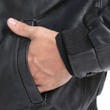 Exterior pockets on men’s tall black leather bomber jacket