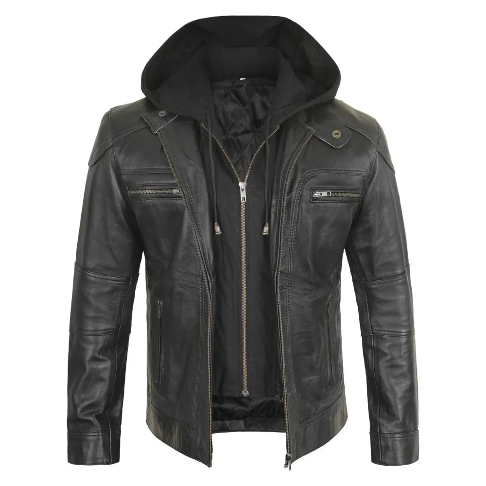 Men’s tall black hooded leather biker jacket front view