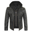 Men’s tall black hooded leather biker jacket front view