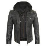 Men’s tall black hooded leather biker jacket front view