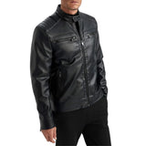 Front zipper on men’s tall black leather jacket