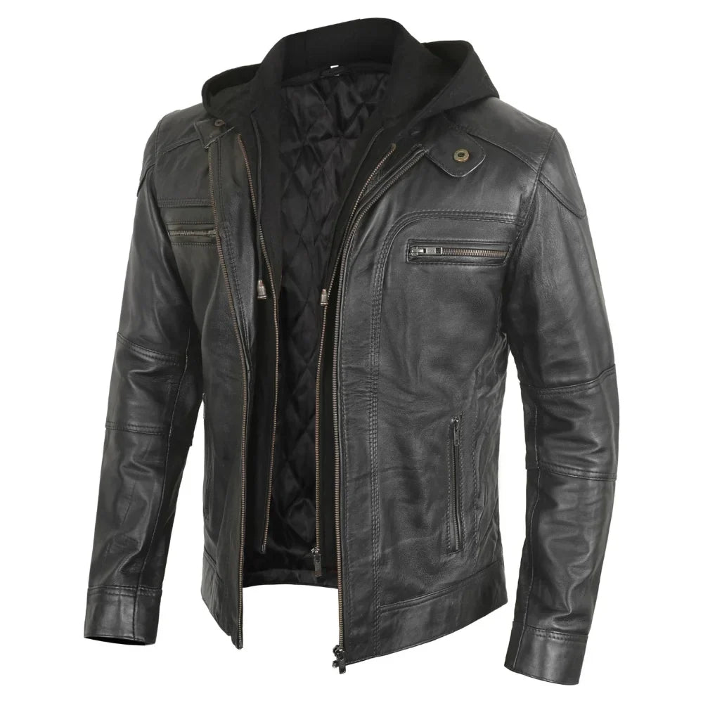 Snap-tab collar on men’s tall black leather jacket