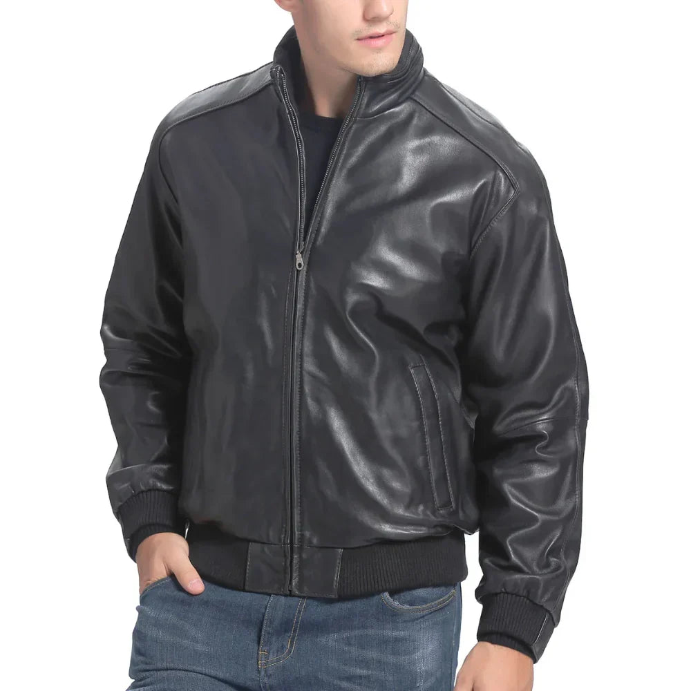 Men’s tall black lambskin leather bomber jacket front view