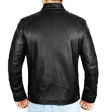 Back view of men’s tall black leather jacket