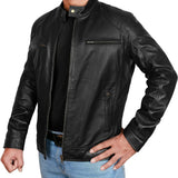 Front zipper on men’s tall black leather jacket